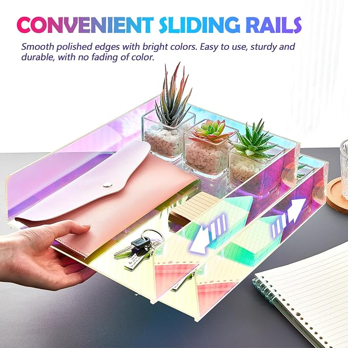 Suzile 3 Pcs Iridescent Acrylic Letter Organizer 12.6 x 9.5 x 2.8 Inches Stackable Iridescent Letter Tray Paper Tray for Desk File Document Folder Notebooks Stationery Office Accessories(Vertical)