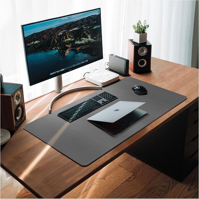 CENNBIE Leather Desk Mat,39.3x19.6 Desk Pad Blotter Protector (Grey) | Premium stitched edges resist wear. Easy to clean. Protects desk from spills, stains ,scratches. Smooth glide. Office & home.