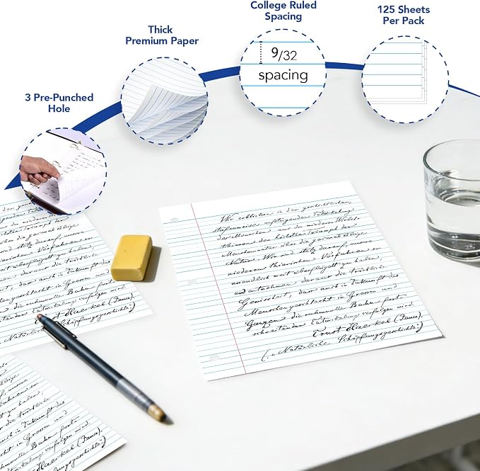 Kaisa Notebook Paper Bulk Wholesale Available 3 Pack Notebook Paper College Ruled 3-Hole Punched Loose Leaf Paper 8x10.5 Filler Paper for 3-Ring Binder, 150 Sheets/Pack (3 Pack-college)