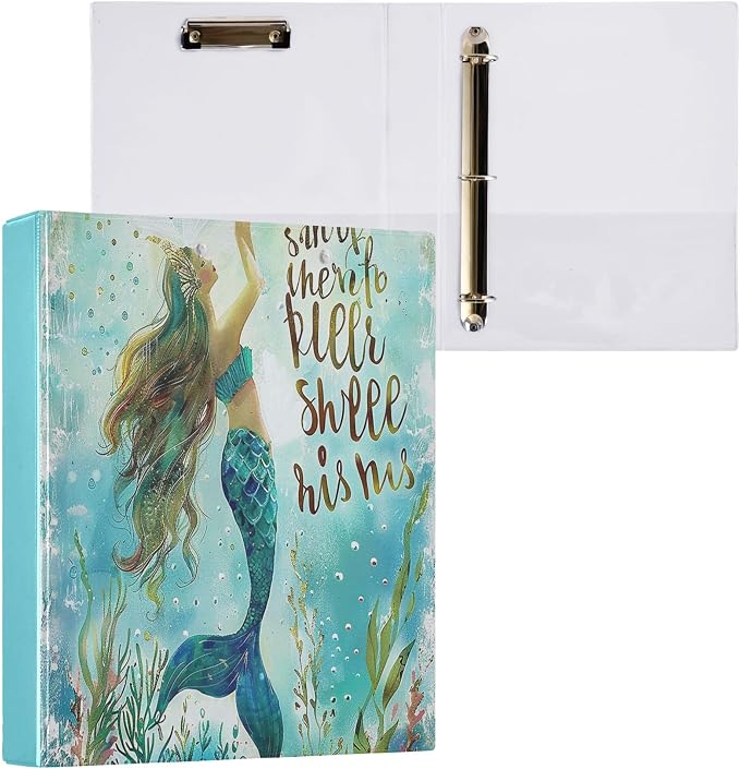 Mermaid Round Ring Binders 1.5 Inch Tail Scale Sea Ocean Wave 3 Ring Clipboard Binder for Office School Work Supplies File Folder 200 Sheet Capacity Easy Open 2 Pieces