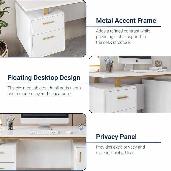 Techni Mobili 51"W Computer Desk w/ 2 Drawers & Storage Cabinet, White/Gold | Home office workstation, durable construction, everyday productivity, Ideal for home office, Workspace organization