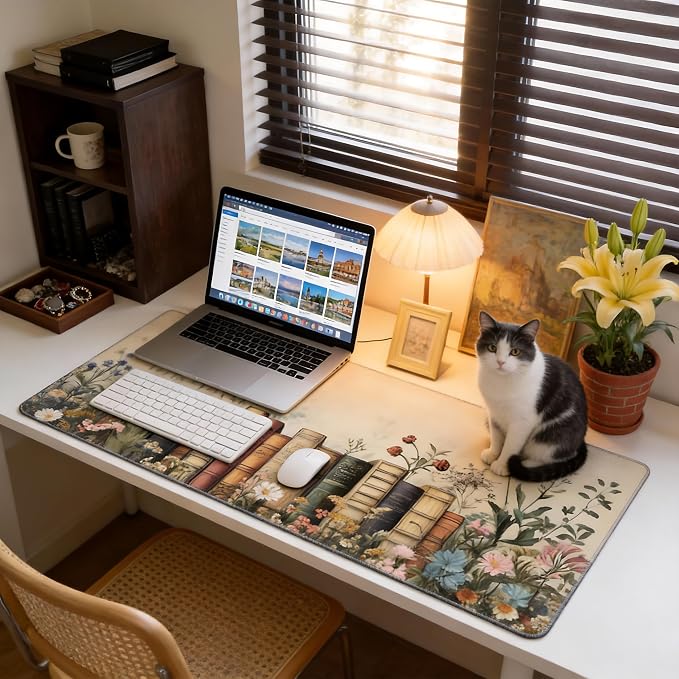 Floral Aesthetic Book Gaming Mouse Pad, Beige Vintage Botanical Desk Mat with Anti-Slip Base & Stitched Edges, Computer Keyboard & Laptop Pad, 35.4" x 15.7" in in Workstation Accessories