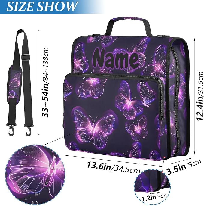 Custom Butterflies Purple Neon 3 Ring Binder Bag 1.5 inch Personalized Name Binder Organizer 500 Sheet Documents Storage for School Office