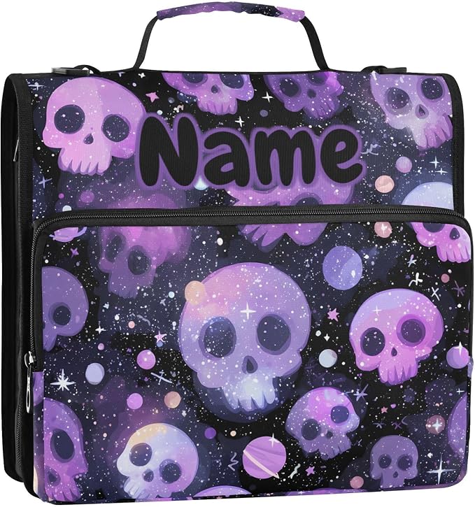 Custom Purple Skulls Black Background 3 Ring Binder Bag 1.5 inch Personalized Name Binder Organizer 500 Sheet Documents Storage for School Office
