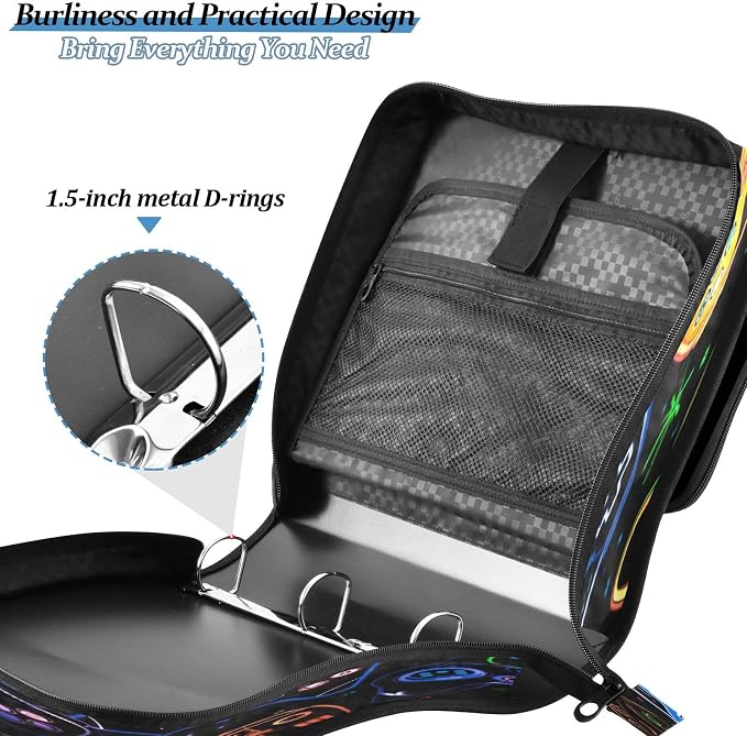 Colorful Video Game Controllers Zipper Binder for School with Shoulder Strap & Extra Pockets - 1.5 Inch 3-Ring Binder Holds 500+ Sheets, Textbooks, Laptop