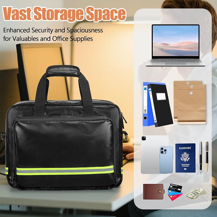 Fireproof Document Bag with Accordion File Organizer | Document Safe Storage 15.6" Laptop Sleeve, Reflective Strip, Handle & Shoulder Strap