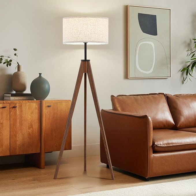 ELYONA Ash Wood Tripod Floor Lamp Stepless Dimmer & Color Temperature, Remote Control Mid Century Modern Coner Standing Lamp Linen Shade for Living Room Bedroom Office, LED Bulb Included, Walnut