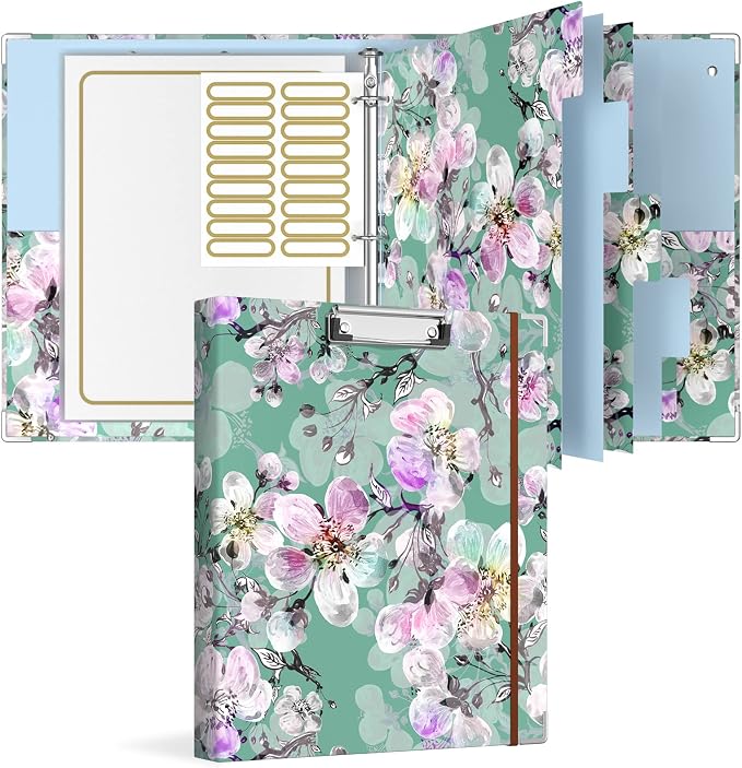 Rouidr 3 Ring Binder with clipboard, 1 inch 8.5 x 11 in Letter Size View Binders Organizer with Dividers Tabs & Clear Sleeves, School Supplies, Office Supplies, Plum Flower