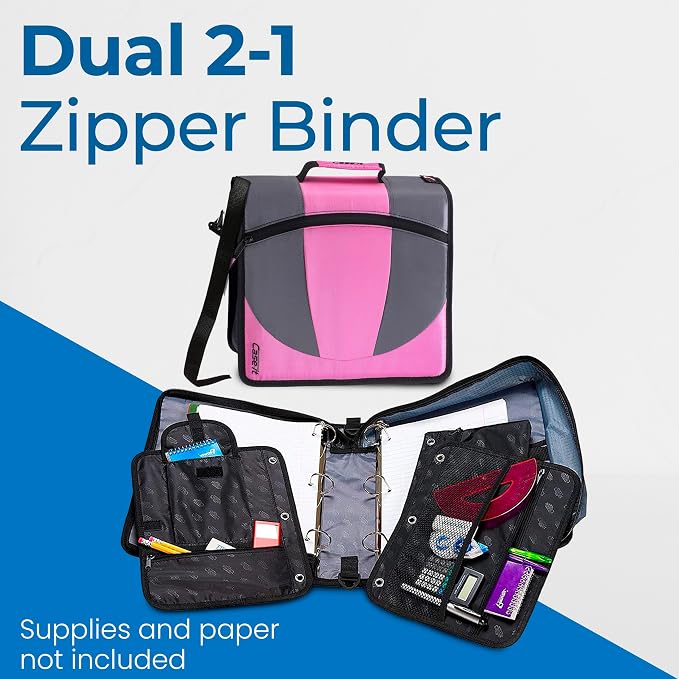 Case-it Dual Binder | Two 1.5" D-Rings | 600-Sheet | Dual-101 Light Pink | Dual 2-in-1, Pencil Pouch, Multiple Pockets, School & Office Organizer, Shoulder Strap