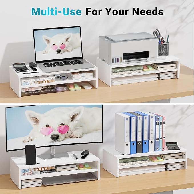 BONTEC Wood Monitor Stand Riser, 2-Tier Desktop Organizer | Ergonomic Computer Stand for Desk, Cable Management, Cellphone Holder, 21.3 Inch Shelf, White