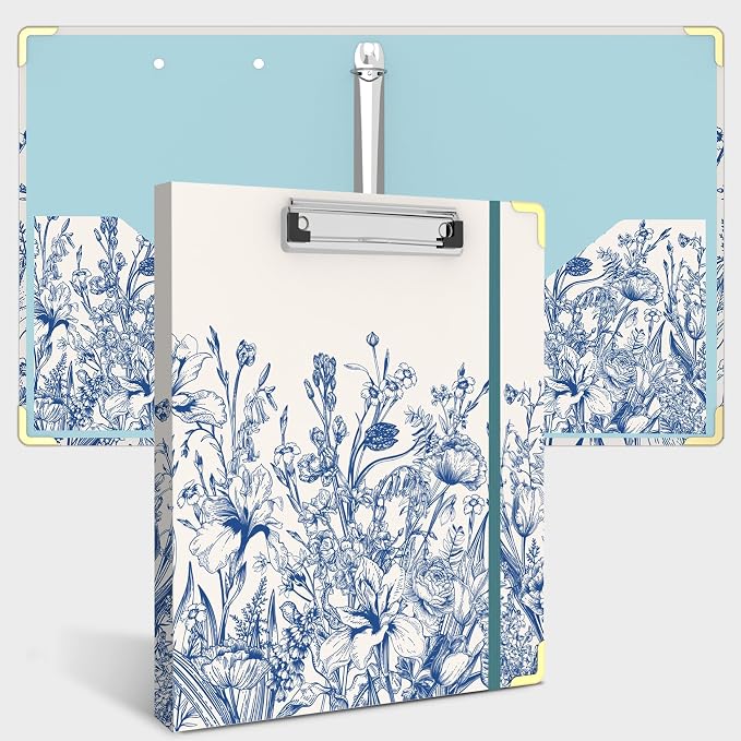3 Ring Binder 1 Inch, Cute Leopard Decorative Hardcover Low Profile Clipboard with Storage, 1'' Round Ring Binders for Letter Size Paper, Binder Organizer for School Office Supplies (Blue Florals)