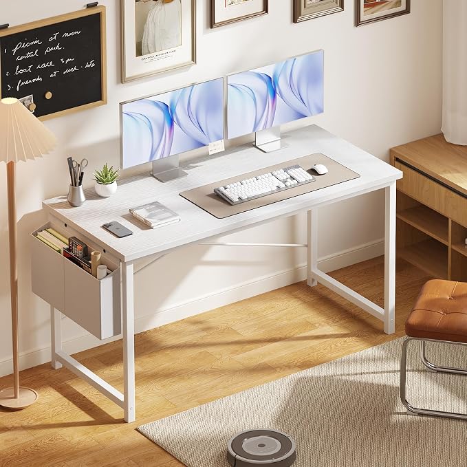 OLIXIS Computer Desk, 55 Inch Gaming Desks for Home Office Small Spaces | Writing Study Craft Work Table, Computer Workstation for Bedroom with Storage Bag, All White