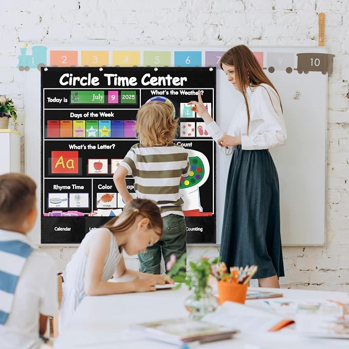 Circle Time Learning Center Classroom Pocket Chart, Educational Teaching Materials with Cards for Preschool, Learning Calendar Weather Letter Rhyme Color Shape Counting Number etc, (Black)