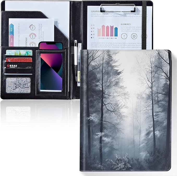 Padfolio/Portfolio Folder Clipboard,Padfolio Clipboard,Writing Portfolio Leather with Cover for Card Holder Slot Letter Size A4 for Office Conference Notepad Clip Boards,Fog Forest