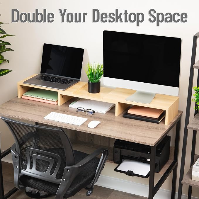 Mind Reader Dual Monitor Stand, Desktop Organizer, Laptop Riser, Office, MDF, 51.25"L x 9.25"W x 4.75"H, Brown