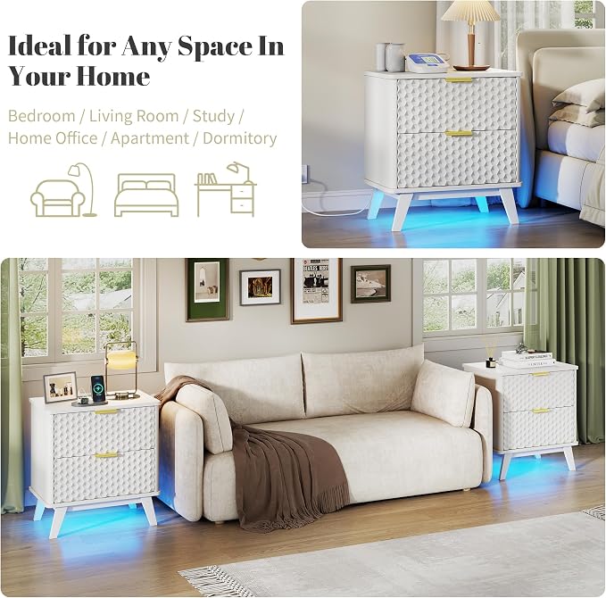 Smart Nightstand with Charging Station and LED Lights | 23.62" Wide Night Stand with 2 Drawers, Motion Sensor Motion-Activated Underlight, Honeycomb Bedside Table for Bedroom, White