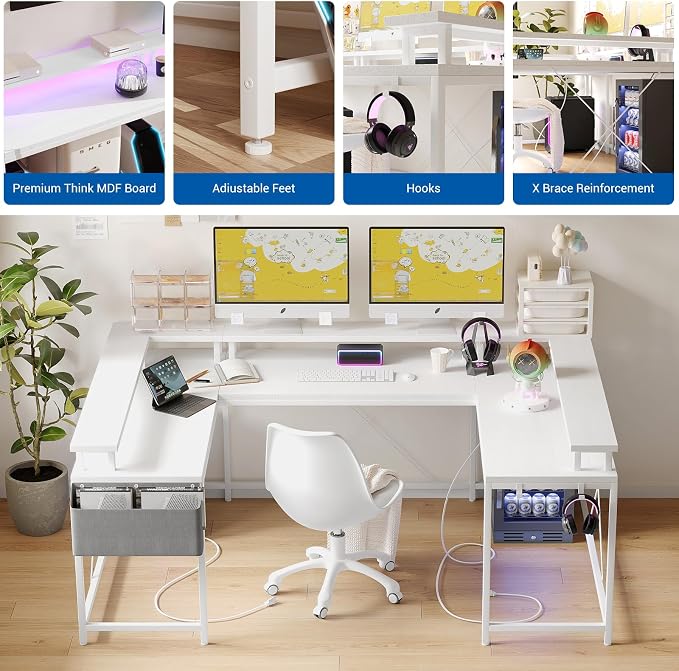 Reversible u Shaped to l Shaped Computer Desk with RGB Lighting & Charging Station, 79 Inch Home Office Workstation with Full Monitor Stand, Heavy Duty Gaming Desk Supporting 600LBS, Multiple Color Op