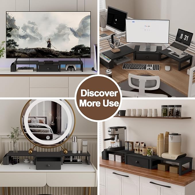 LAND·VOI Dual Monitor Stand with Drawer and Side Pockets, Monitor Riser for Desk, Home Office Desk Storage, Multi-Scenario Adaptation for Work and Entertainment, Black, HMS02BK