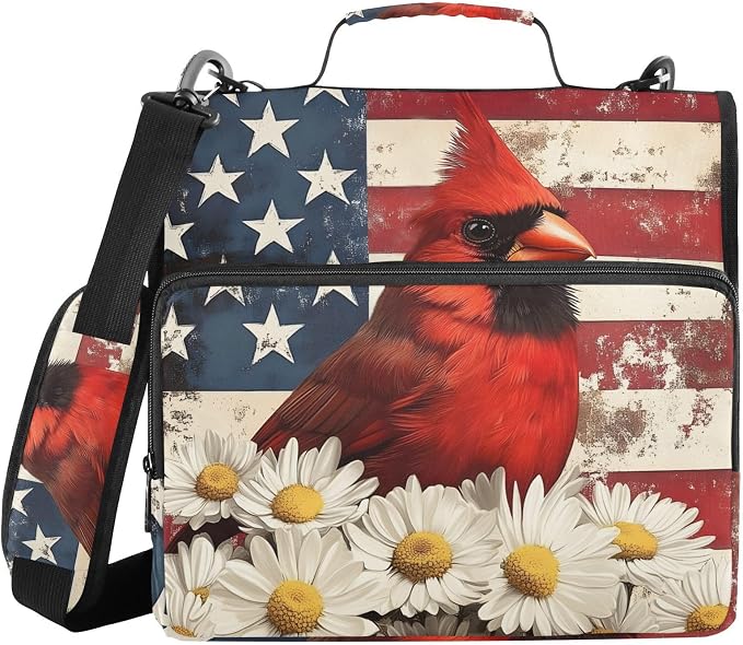 Cardinalbird American Flag Daisy Zipper Binder Bag 3 Ring Binder with Shoulder Strap Zip Up 500 Sheets Capacity Multi Pockets for School Office Supplies