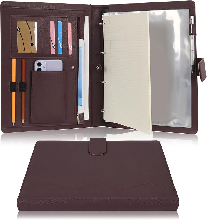 Wonderpool A4 PU Leather 3 & 4 Ring Holder Writing Portfolio Multi Document Case with Removable Binder Clipboard and Functional Pocket for Organizer Office Travel School (Coffee)
