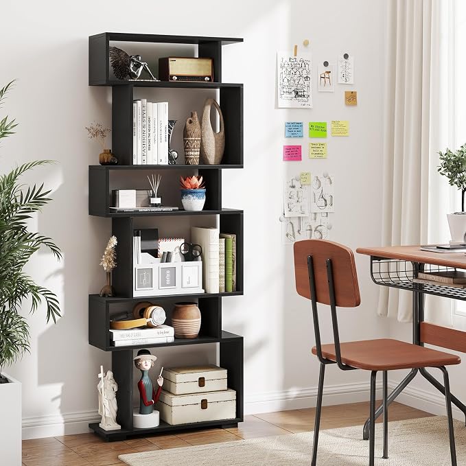 Tangkula 6-Tier S-Shaped Bookshelf, 64" Freestanding Geometric Bookcase, Home Office Wood Storage Shelf with Anti-Toppling Device, Room Divider Display Rack for Study, Living Room (2, Black)