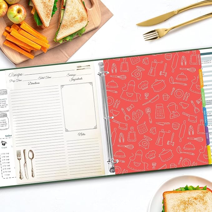 Recipe Binder with Plastic Sleeves, 8.5x11 3 Ring Blank Recipe Book Binder | Premium recipe binder kit with waterproof cover, sleeves, cards, dividers and gift box for preserving recipes-Dark Green.