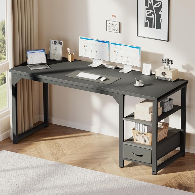54 in Computer Desk with Drawer, 1" Thick Reversible Office Desk | Large Modern Writing Table with Storage Shelves, Heavy Duty Industrial Executive Desk for Home Bedroom Study Work