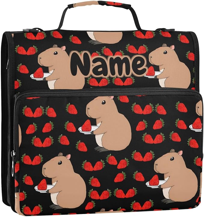 Custom Capybara Strawberry Black 3 Ring Binder Bag 1.5 inch Personalized Name Binder Organizer 500 Sheet Documents Storage for School Office