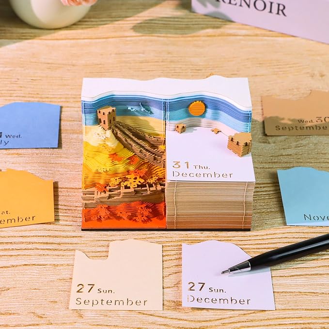 3D Time Piece Calendar, 2027 Desk Calendar With LED Light, 3d Tree Memo Pad Creative Desk Calendar, Christmas Gift for Colleague Friend, Desktop Decoration (Four Seasons)