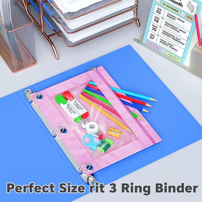 Binder Pencil Pouches, Pencil Pouch for 3 Ring Binder with Zipper Pulls, Clear Window Pencil Case for Binder, Zipper Pencil Pouches with Rivet Enforced 3 Ring, 20 Pack, 10 Color