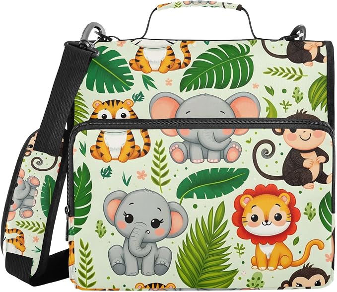 3 Ring Zipper Binder with Shoulder Strap Jungle Animals Palm Leaf 2 Inch Zippered Binder Bag 500 Sheet Capacity Multi Pockets for School Supplies