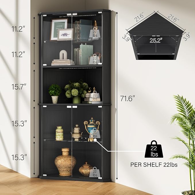 kepptory 72" Corner Curio Cabinet with RGB LED Lights, 6-Tier Glass Display Cabinet with Adjustable Shelves, Lighted Corner Showcase for Collectibles, China, Glassware, Living Room Home Bar
