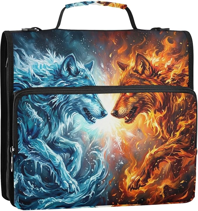 Fire Ice Wolf Pattern 3 Ring Zipper Binder with Shoulder Strap & Handle 2 Inch D-Ring Zippered Binder Bag with Multiple Pocket & Pencil Pouch, Binder Organizer for School or Office