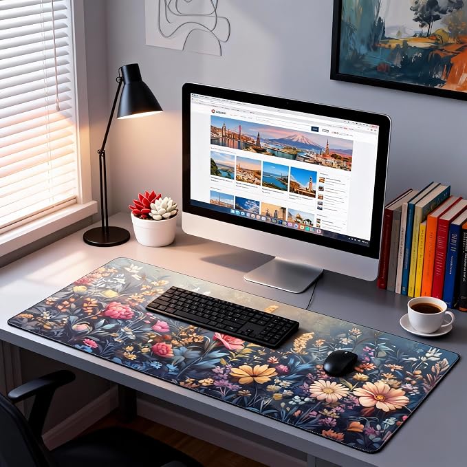 Floral Aesthetic Wildflower Gaming Mouse Pad, Morandi Vintage Botanical Desk Mat with Anti-Slip Base & Stitched Edges,35.4" x 15.7" in Desk Accessories for Women, Home Office Decor & Artistic Gift