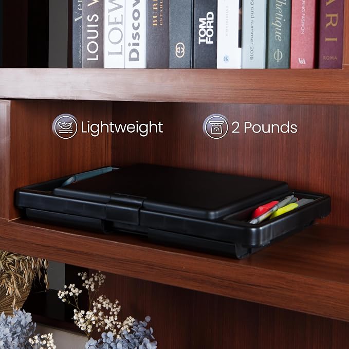 Loddie Doddie Lap Desk, Folding Desk, Bed Table, Black, 9.75"x12" | Built-In Storage with 2 Trays & Pocket, Bed Desk, Easy 2 lb Carry, Car Seat Tray for Travel, Portable Desk, Tucks Under Bed