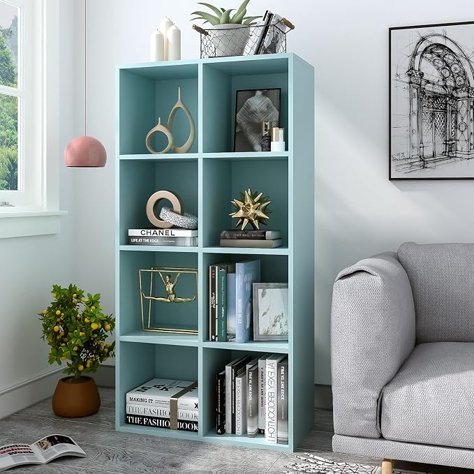 8-Cube Storage Shelf Bookcase, Light Blue | Wooden 4-Tier Open Bookshelf, Fits 11×11" Bins, Vertical or Horizontal Use, Full Back Panels, For Home Office