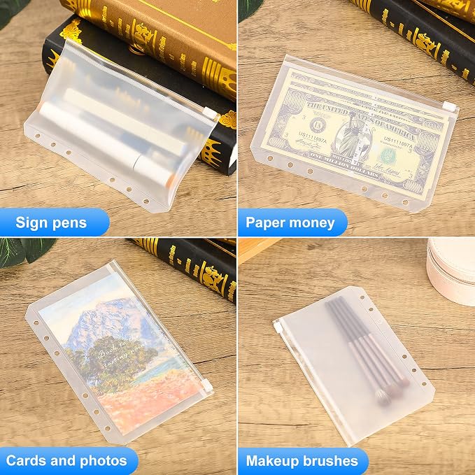 60pcs A6 Binder Pockets 6 Holes Zipper Folders Clear PVC Card Loose Leaf Bags Cash Envelopes for Budgeting Binder Waterproof Document Filing Bags for 6 Ring Notebook Planner Inserts