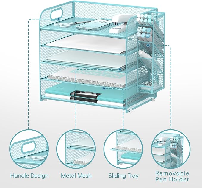 5-Tier Paper Organizer for Desk with Pen Holders, Letter Trays, Blue | Metal Mesh Desktop File Organizer with Removable Trays and 2 Handles for Paper, Files, Mail, Folders in Office Home or School