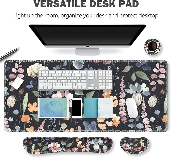 Gaming Mouse Pad Wrist Support Set, XXL Large Desk Mat Mousepad + Keyboard Wrist Support+ Mouse Wrist Rest+Coaster 4in1 Ergonomic, Memory Foam, Stitched Edge for Home Office -Flowers Plants