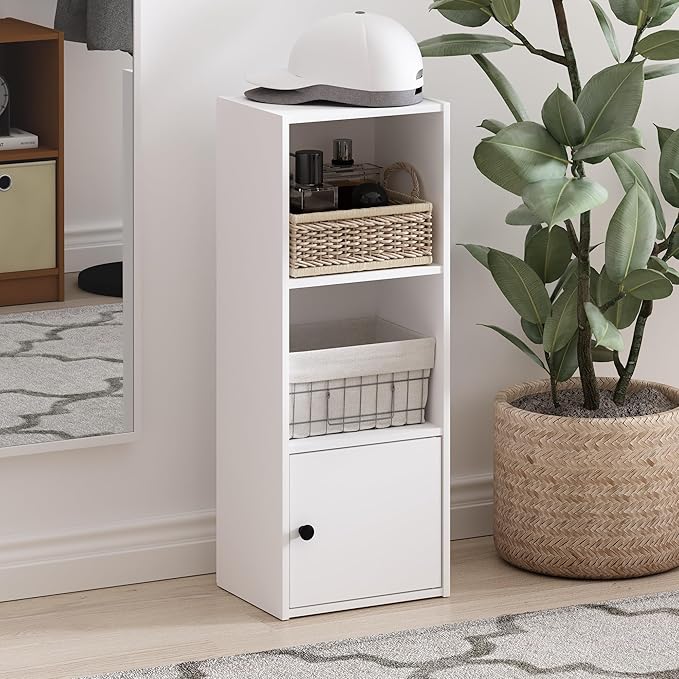 Furinno LUDER Book Shelf, 3-Tier Modern Bookshelf, Bookcase with 1 Door Storage Cabinet, 9.3 x 12 x 31.5, for Organization and Storage, for Living Room, Bedroom, Home Office, White