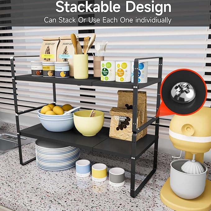 jkxoo 16.5-27’’L Expandable Kitchen Shelf Organizer, Stackable Shelves Organizer, Adjustable Height Pantry Spice Rack for Cabinet, Countertop, Pantry and Cupboard, Black