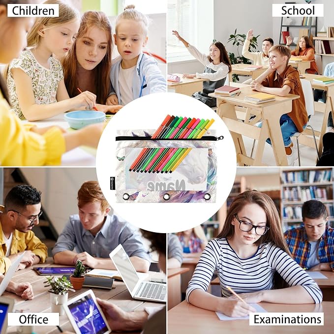 Custom White Horse Butterflies Pencil Pouch for 3 Ring Binder, 2 Pack Personalized Name Waterproof Pencil Bags Clear Window Pencil Case School Office Supplies