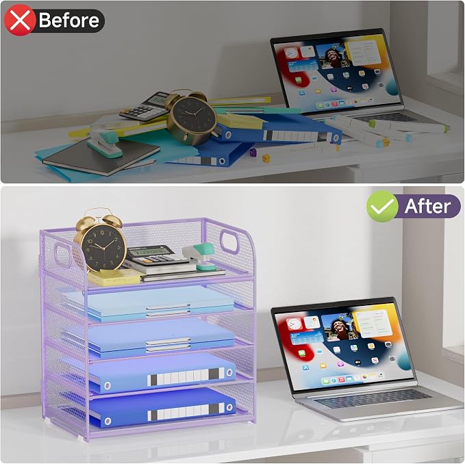 5-Tier Stackable Paper Organizer with Handle, Purple | Metal Mesh Letter Tray, Elegant Desk File Sorter for Office, Home & Classroom Organization