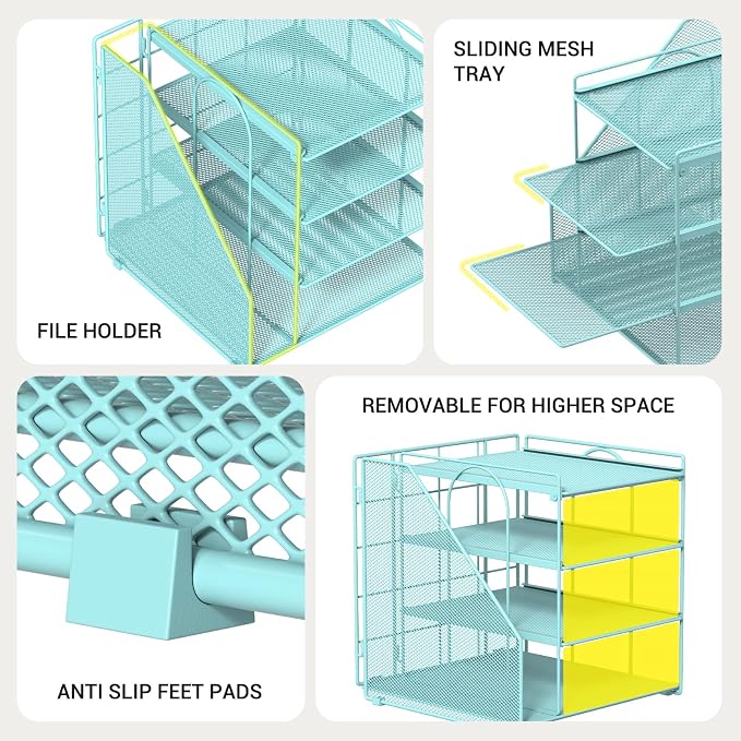 Teal Desk File Organizer and Accessories, 4-Tier Paper Organizer with Vertical File Holder, Office Desk Accessories & Workspace Organizers and Desktop Storage for Office Supplies (Sky Blue)