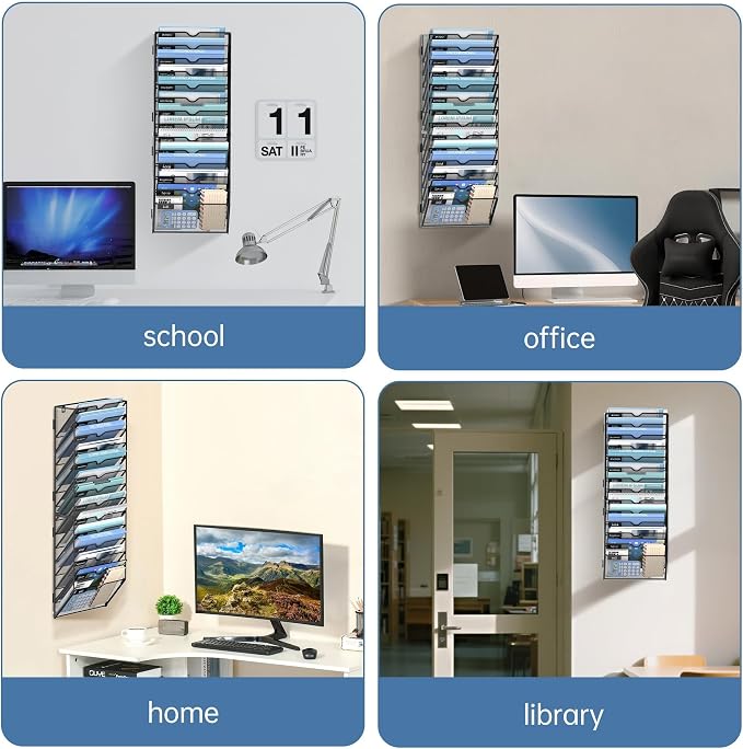 14-Tier Wall File Organizer and Hanging File Organizer, Black, 2Pack | Wall Organizer and Wall Mounted File Holder with 14 Pockets and Label Panels for Files, Mail, Folders, Magazines and Paper