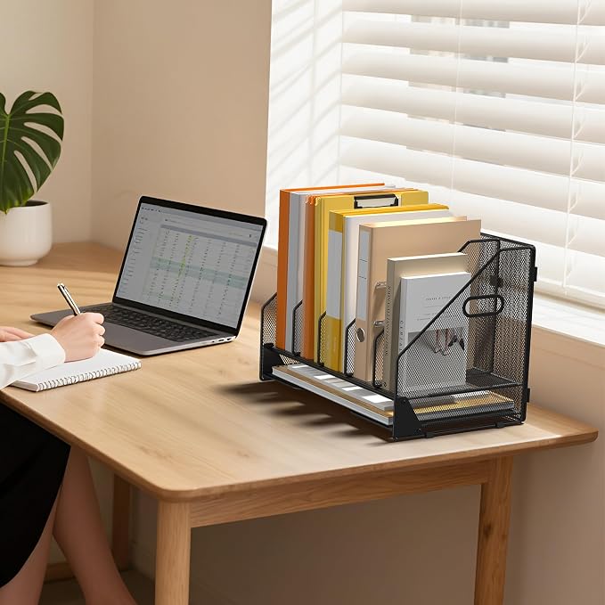 5 Vertical Mesh Desk Organizer with Paper Letter Tray, Black | Sorting racks with lower letter tray section. Multipurpose mesh desktop space saver for home office and school