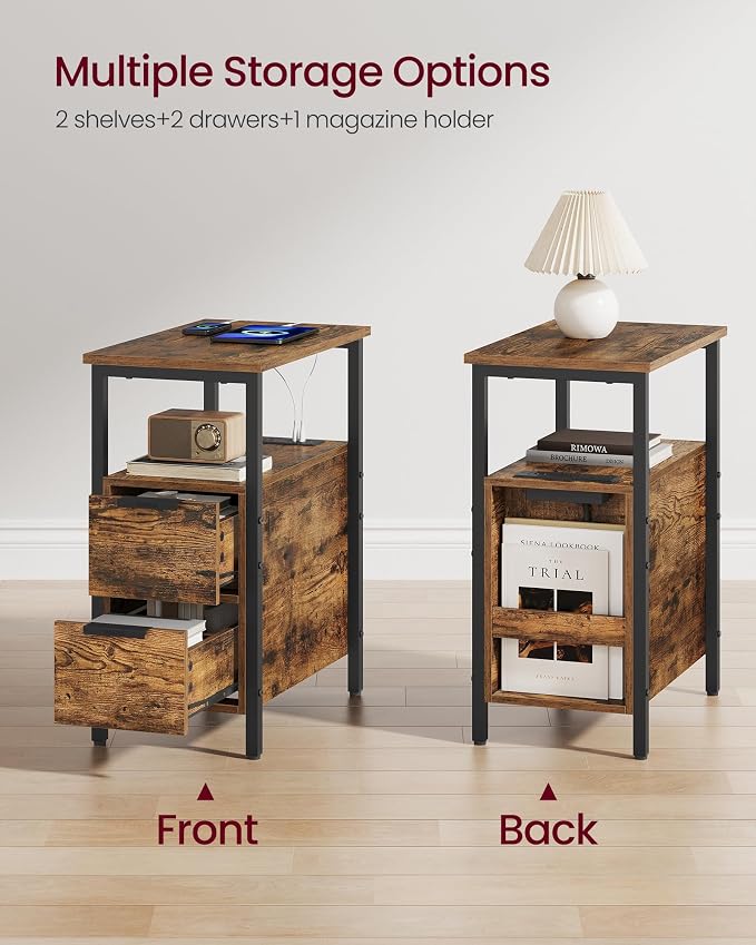 VASAGLE Side End Table with Charging Station, Slim Nightstand with 2 Drawers, Narrow Bedside Table for Living Room, Small Spaces, 18.9 x 11.8 x 24 Inches, Rustic Brown and Ink Black ULET324K101S