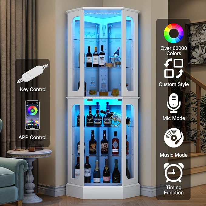 kepptory 72" Tall Corner Display Cabinet with Glass Doors，White | 6-Tier Glass Display Cabinet, Adjustable Glass Shelves, LED Lights, Curio Display Case for Collectibles