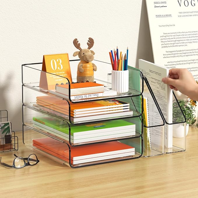FANXIYQ 4-Tier Acrylic Paper Tray Organizer with Bookends, Paper Organizer | Tool-Free Stackable 1-4 Tier Design with 2 Bookends for Files, Folders and A4 Paper; For School, Home Office and Study Room