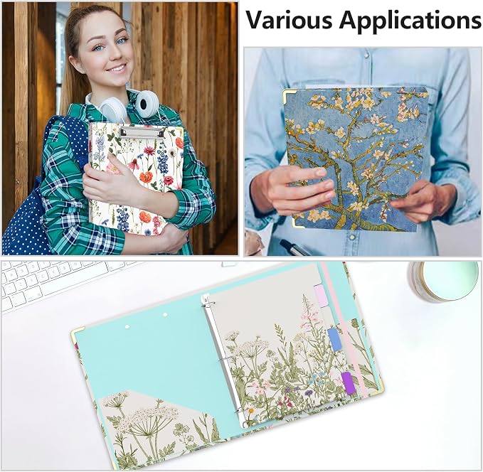 3 Ring Binder 1 Inch Round Ring Binder with 6 Tab Dividers，2 Interior Pockets，Cute Binder Clipboard with Storage, for School Office, Portfolio(Wild Flowers)